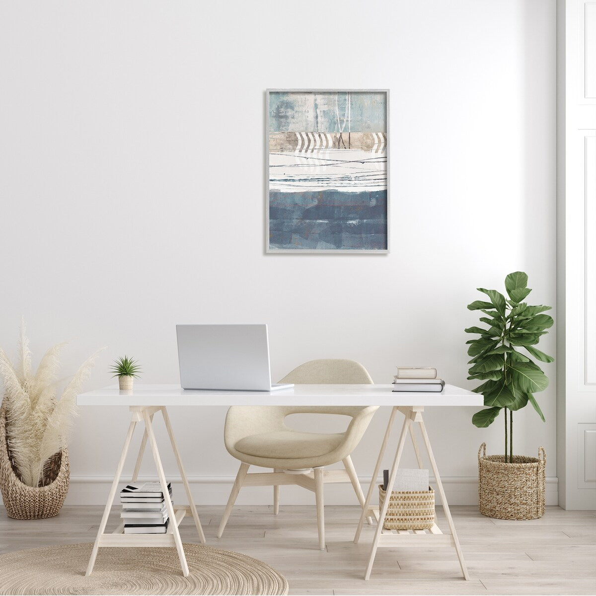 Stupell Nautical Abstract Painting Waved Lines Neutral Horizon Framed Wall Art - Blue