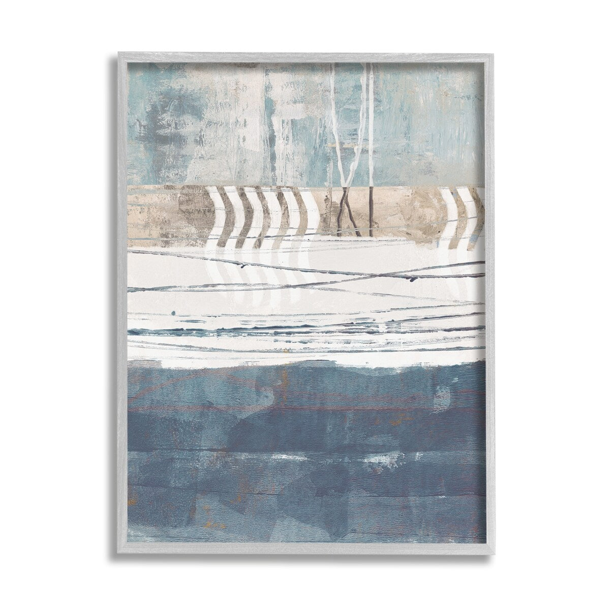 Stupell Nautical Abstract Painting Waved Lines Neutral Horizon Framed Wall Art - Blue
