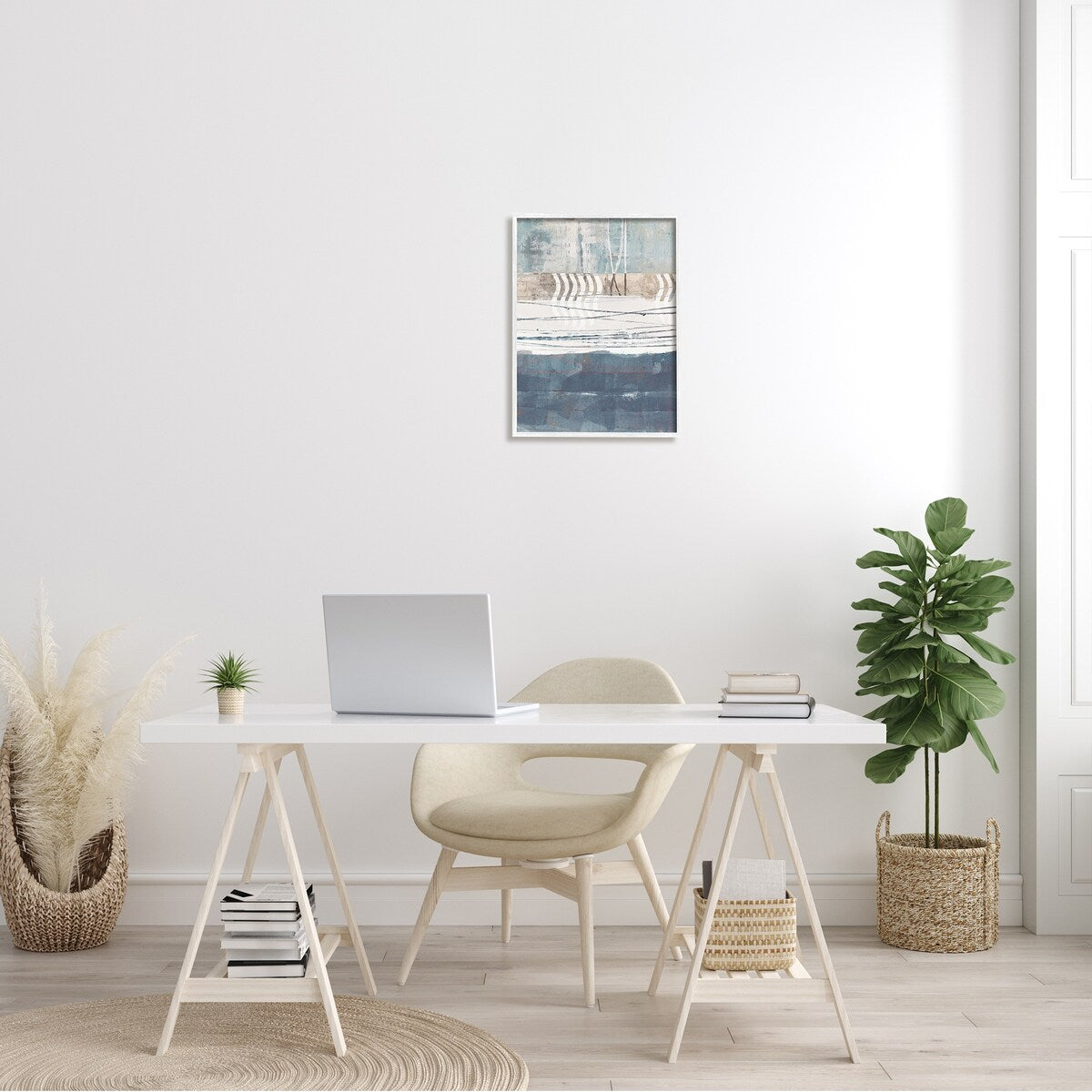 Stupell Nautical Abstract Painting Waved Lines Neutral Horizon Framed Wall Art - Blue