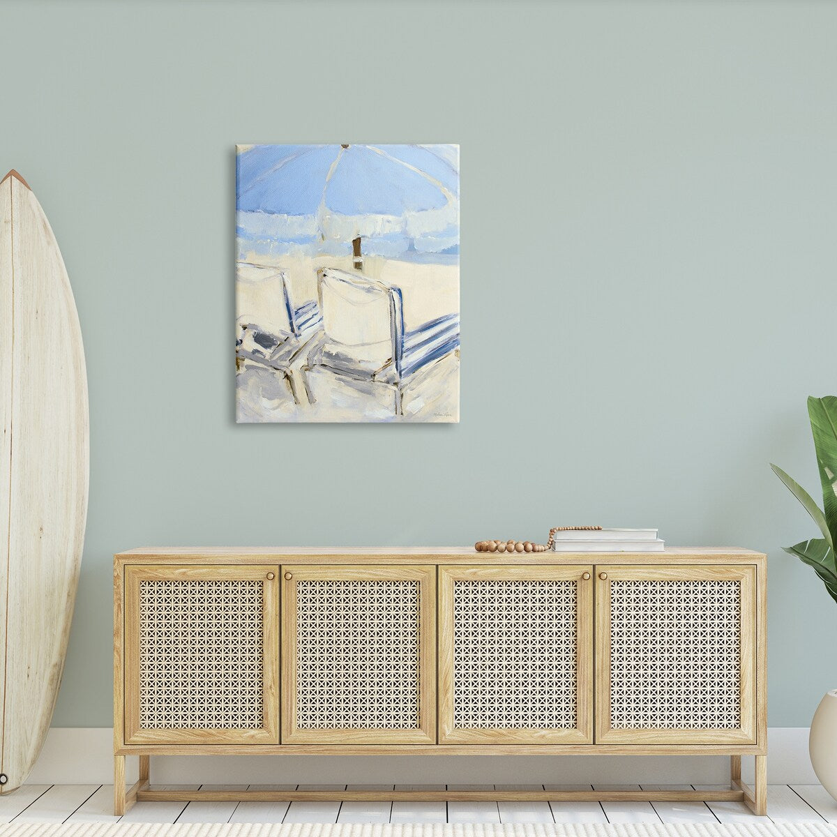 Stupell Tranquil Chairs Beach Umbrella Contemporary Ocean Coast Painting Canvas Wall Art - Blue