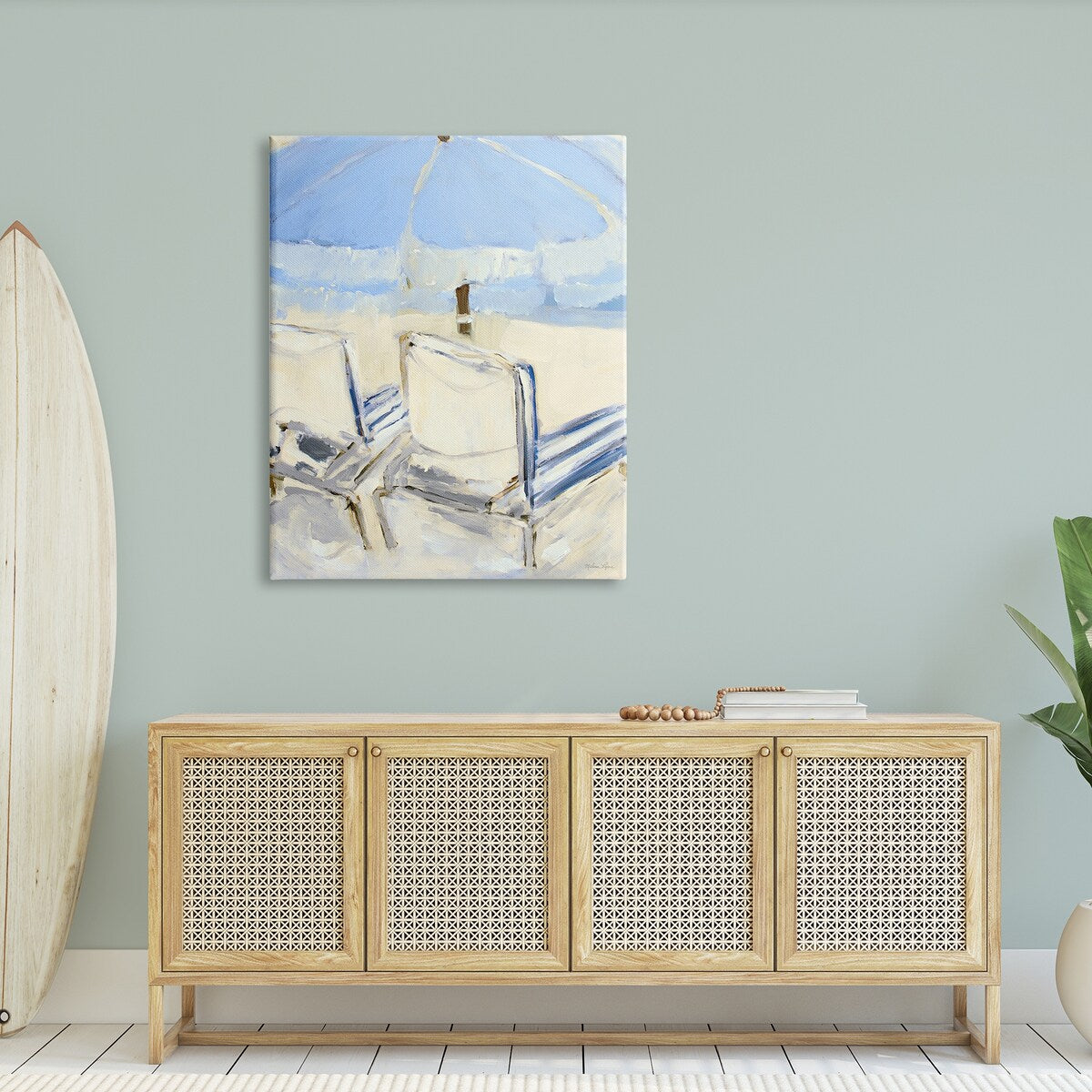Stupell Tranquil Chairs Beach Umbrella Contemporary Ocean Coast Painting Canvas Wall Art - Blue