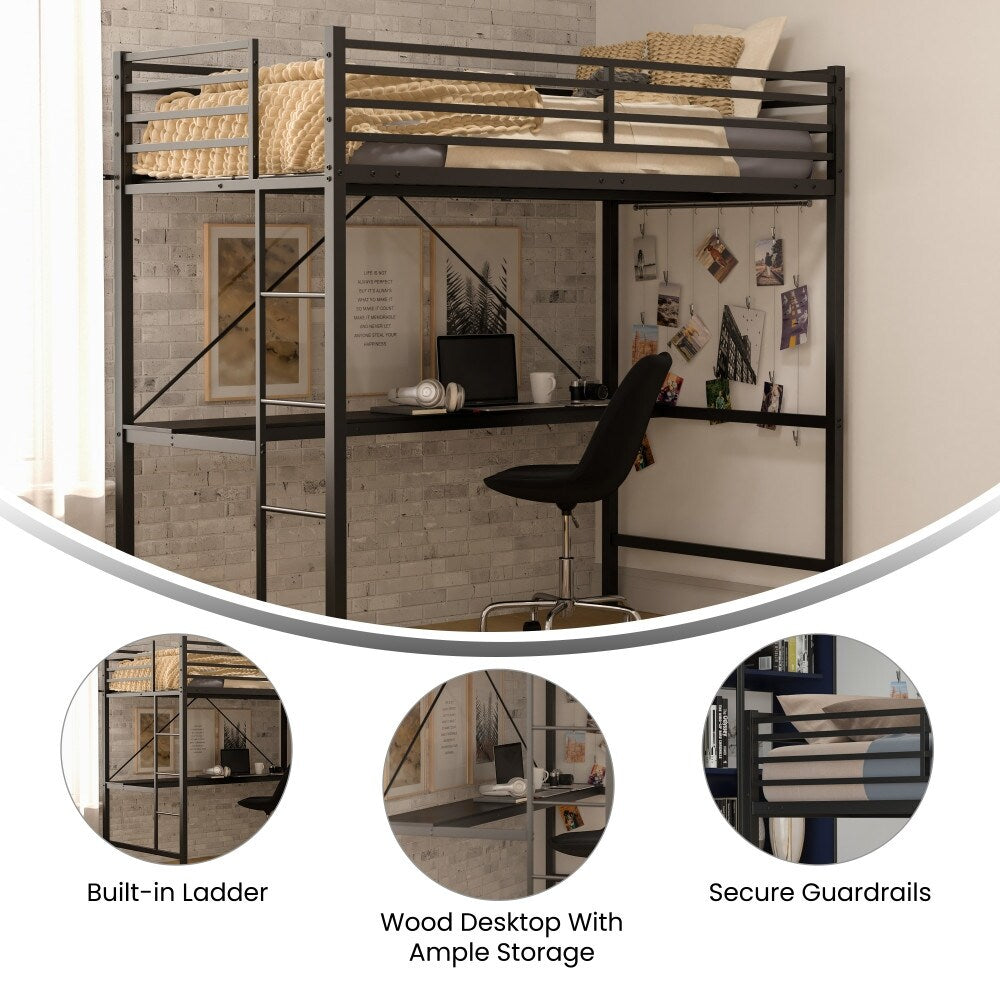 Sturdy Metal Loft Bed Frame with Desk and Safety Rails