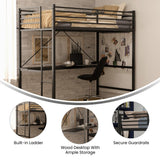 Sturdy Metal Loft Bed Frame with Desk and Safety Rails