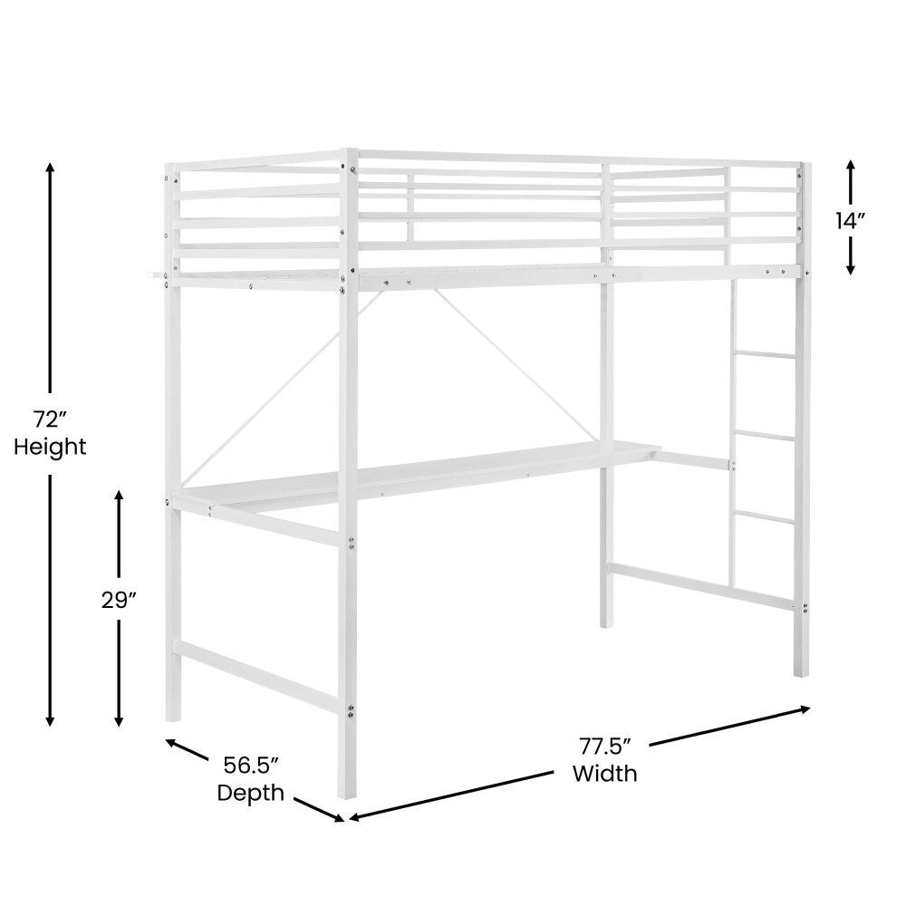 Sturdy Metal Loft Bed Frame with Desk and Safety Rails