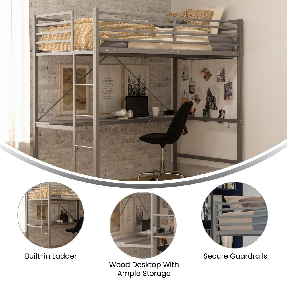 Sturdy Metal Loft Bed Frame with Desk and Safety Rails