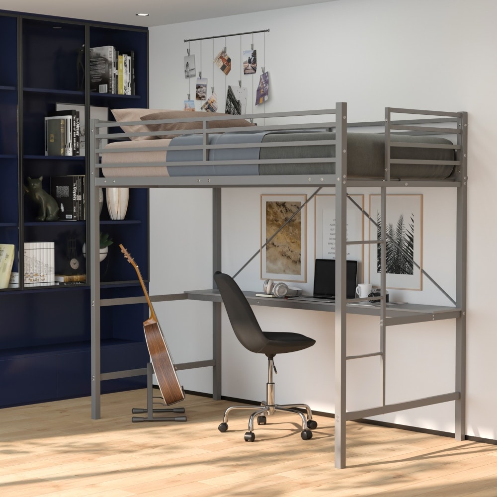 Sturdy Metal Loft Bed Frame with Desk and Safety Rails