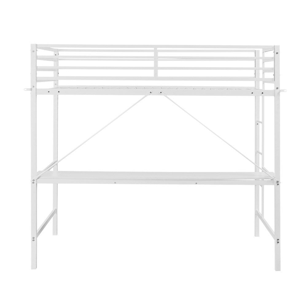 Sturdy Metal Loft Bed Frame with Desk and Safety Rails