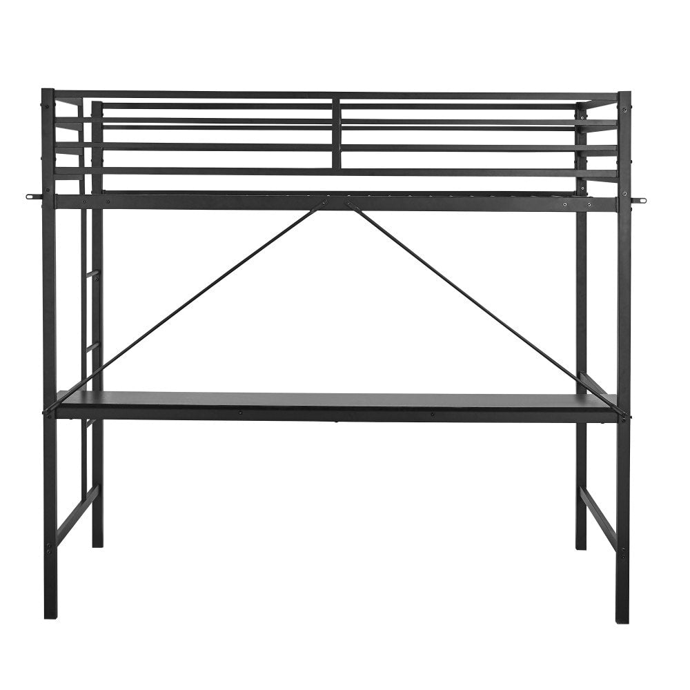 Sturdy Metal Loft Bed Frame with Desk and Safety Rails