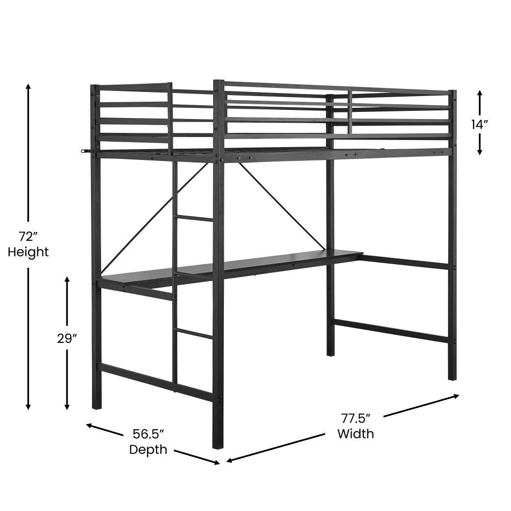 Sturdy Metal Loft Bed Frame with Desk and Safety Rails