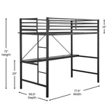 Sturdy Metal Loft Bed Frame with Desk and Safety Rails