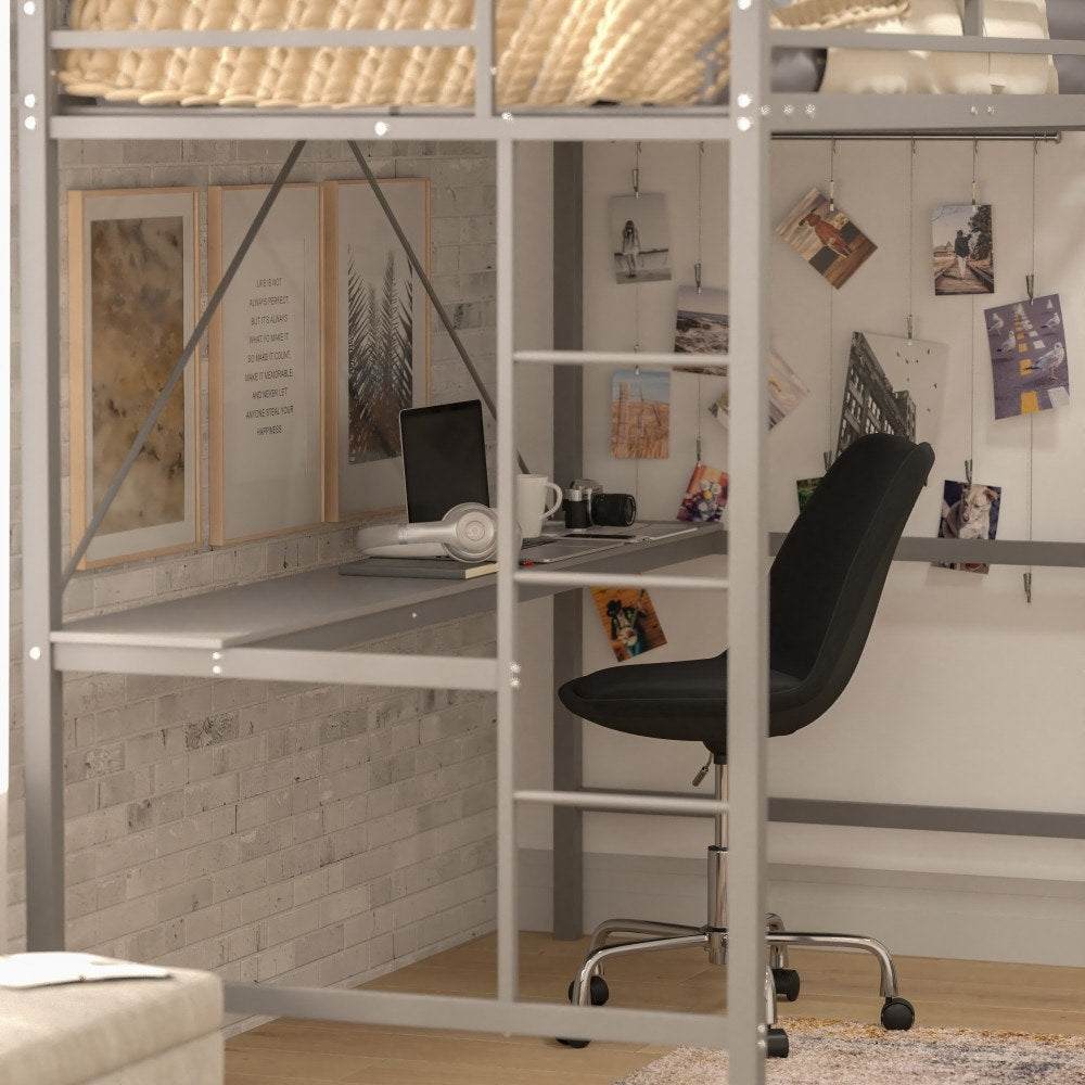 Sturdy Metal Loft Bed Frame with Desk and Safety Rails