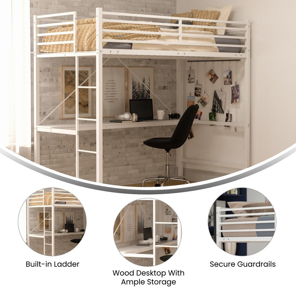 Sturdy Metal Loft Bed Frame with Desk and Safety Rails