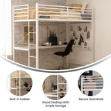 Sturdy Metal Loft Bed Frame with Desk and Safety Rails