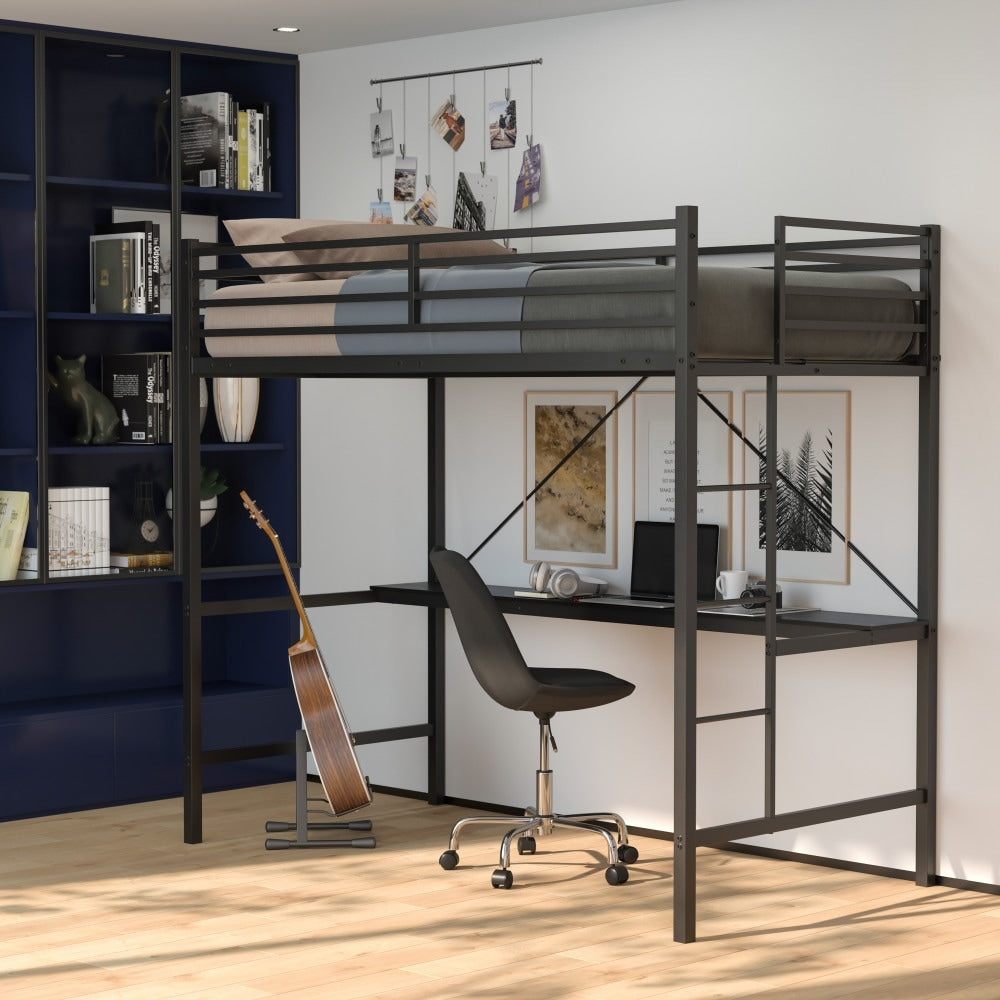 Sturdy Metal Loft Bed Frame with Desk and Safety Rails