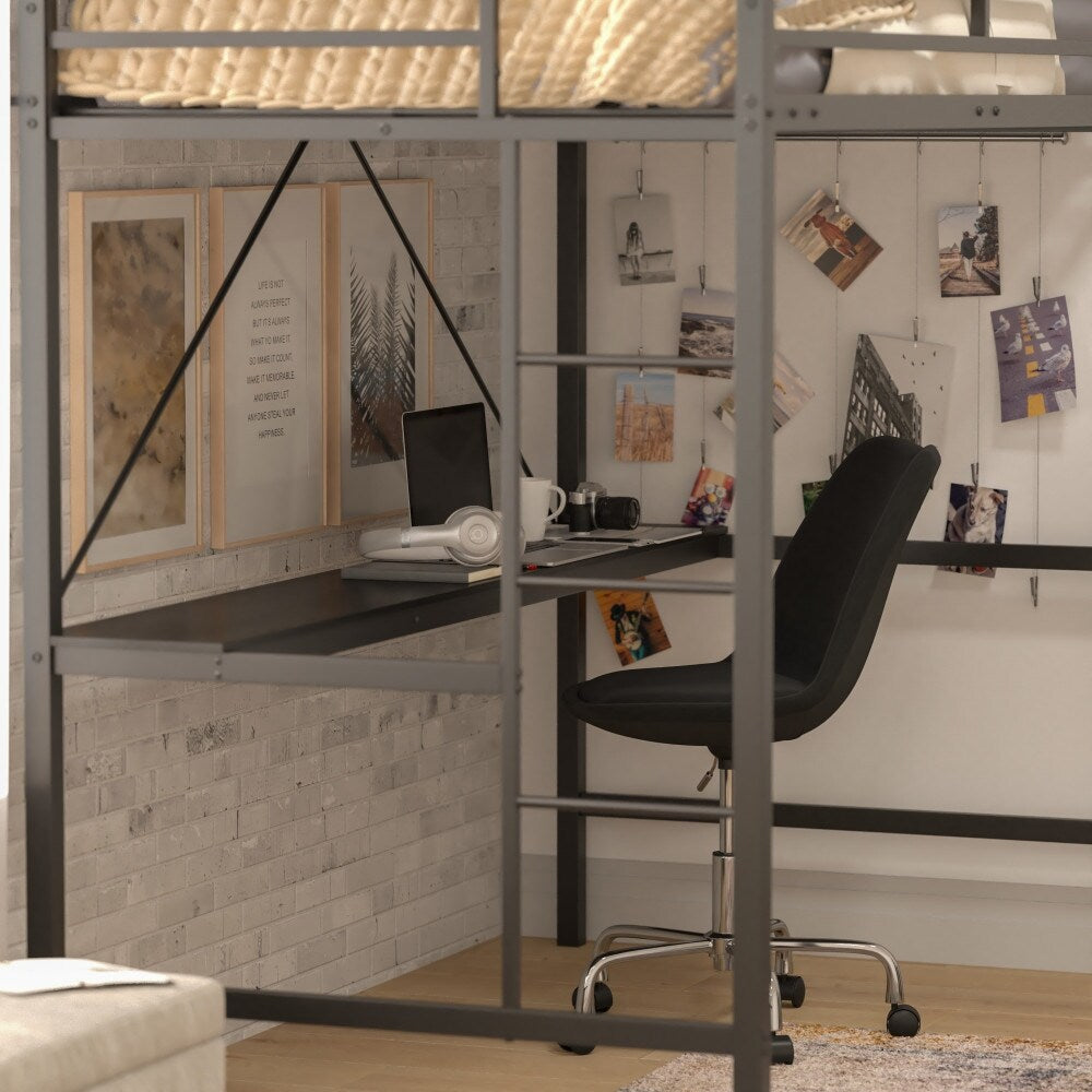 Sturdy Metal Loft Bed Frame with Desk and Safety Rails