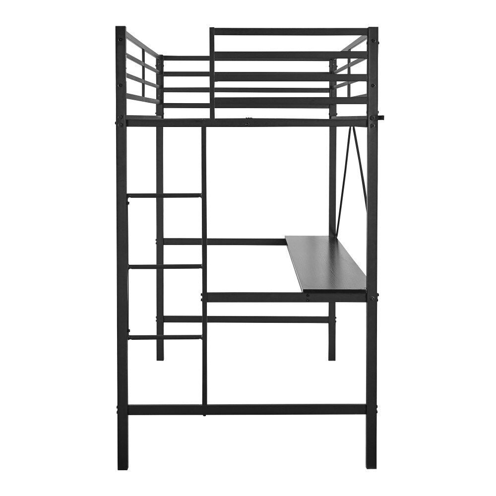 Sturdy Metal Loft Bed Frame with Desk and Safety Rails