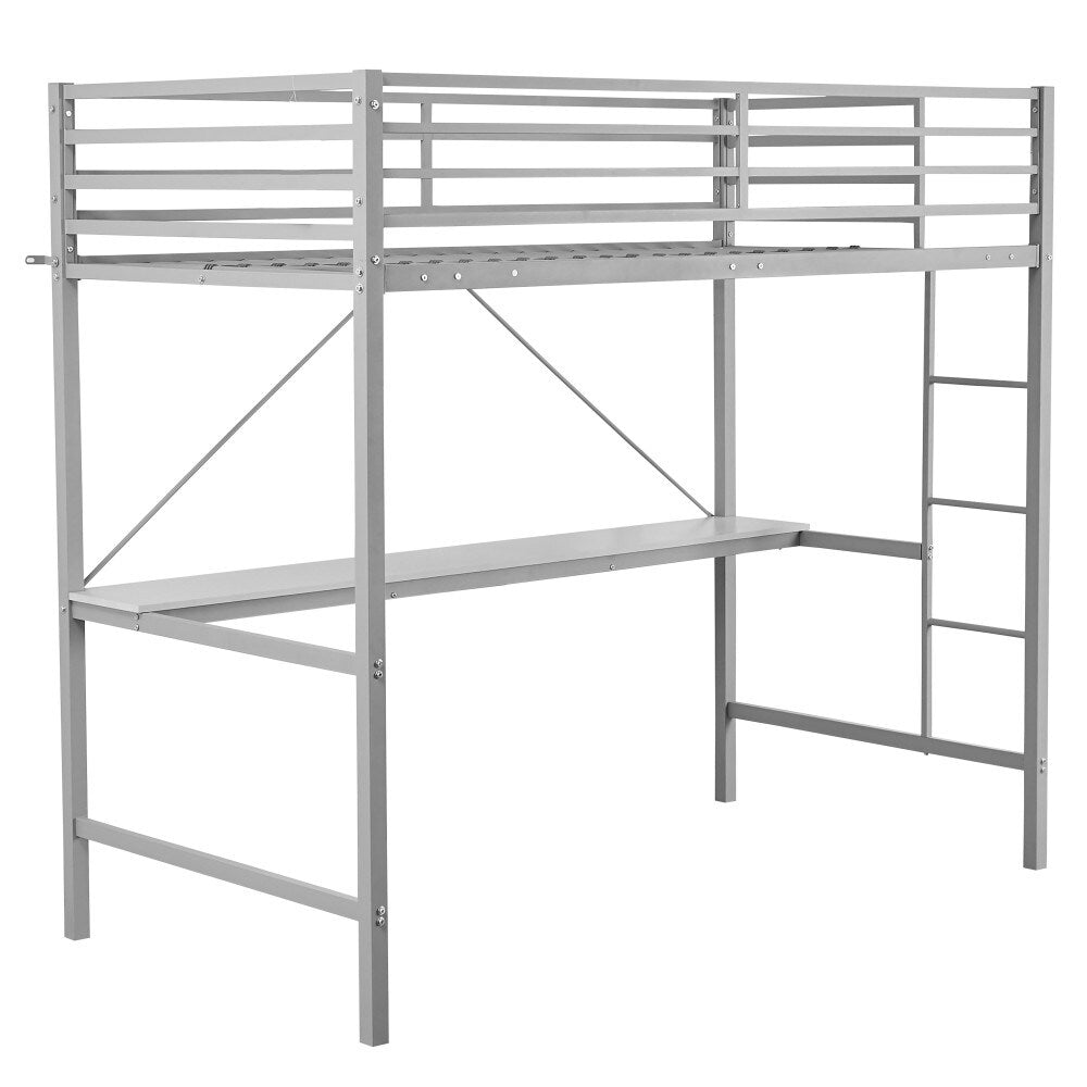 Sturdy Metal Loft Bed Frame with Desk and Safety Rails