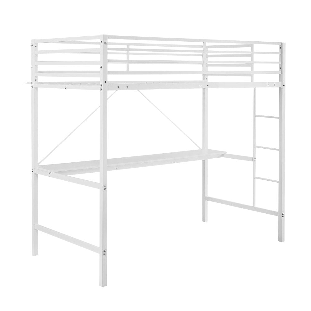 Sturdy Metal Loft Bed Frame with Desk and Safety Rails