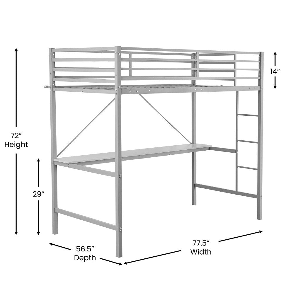 Sturdy Metal Loft Bed Frame with Desk and Safety Rails
