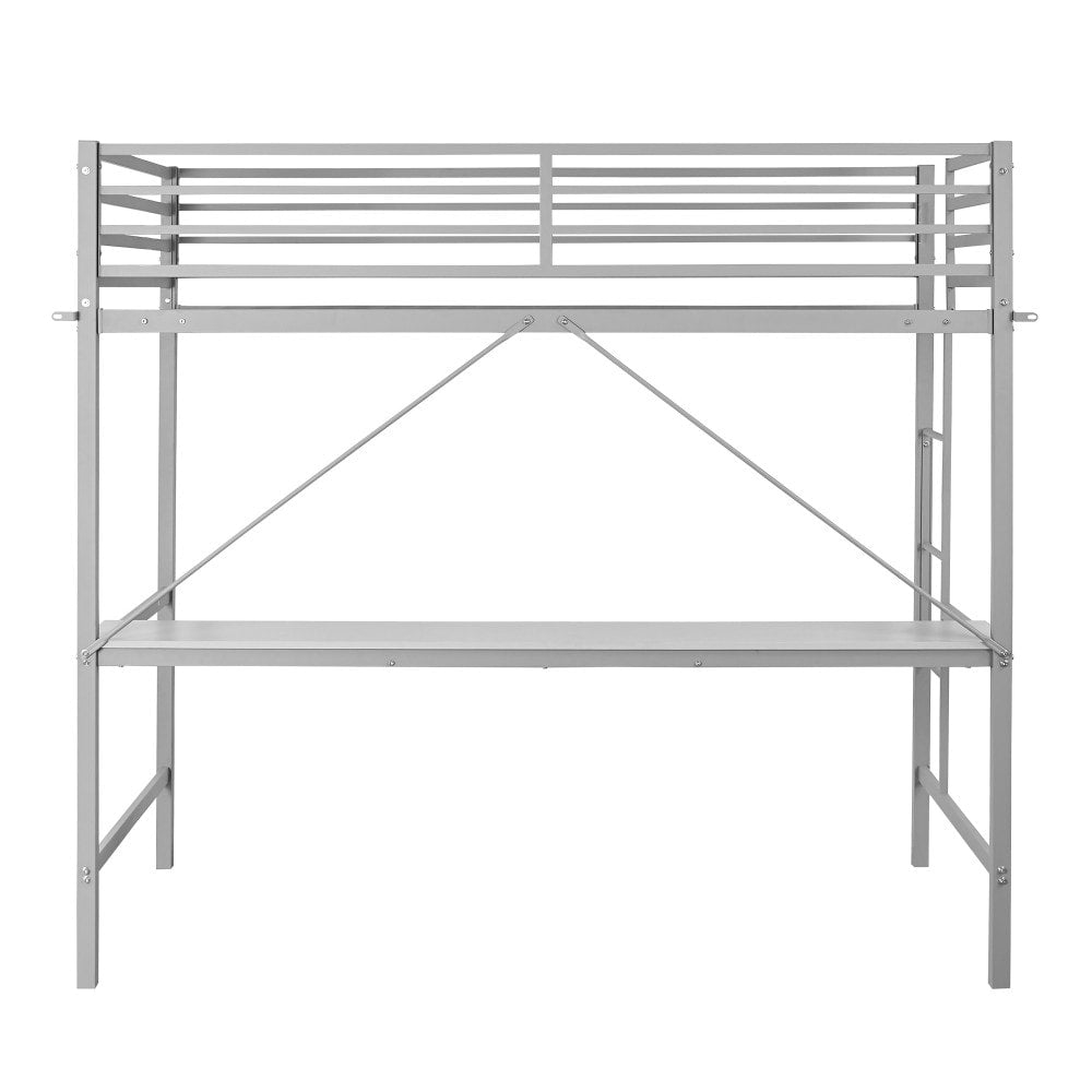 Sturdy Metal Loft Bed Frame with Desk and Safety Rails