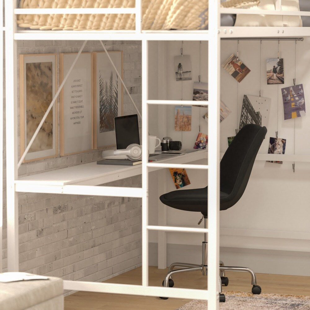 Sturdy Metal Loft Bed Frame with Desk and Safety Rails