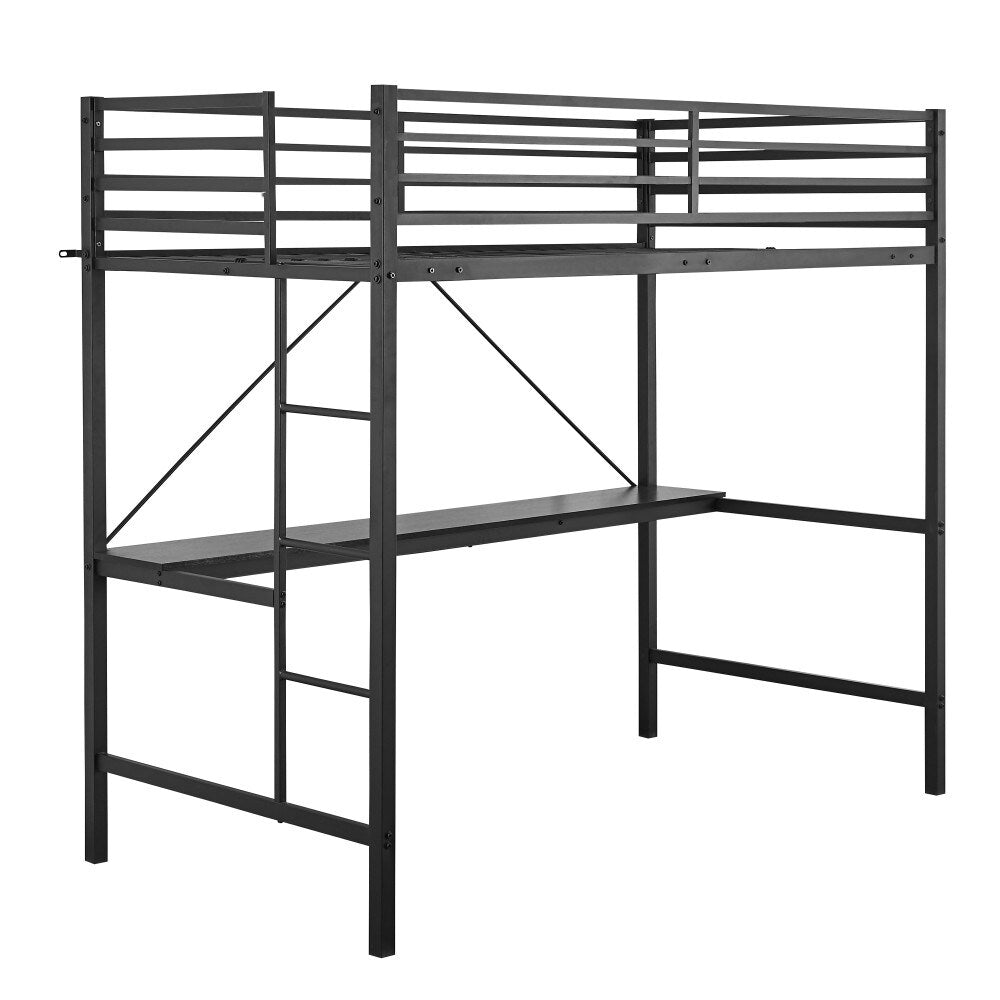 Sturdy Metal Loft Bed Frame with Desk and Safety Rails