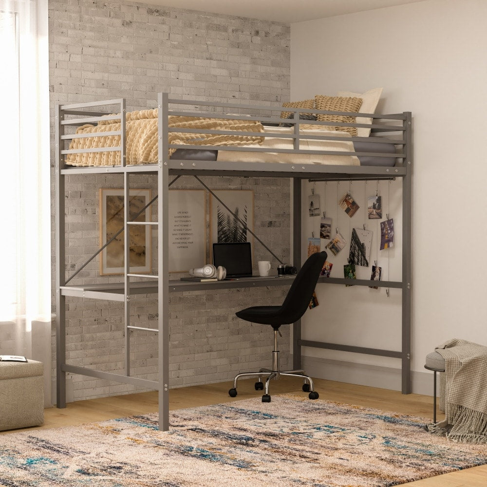Sturdy Metal Loft Bed Frame with Desk and Safety Rails