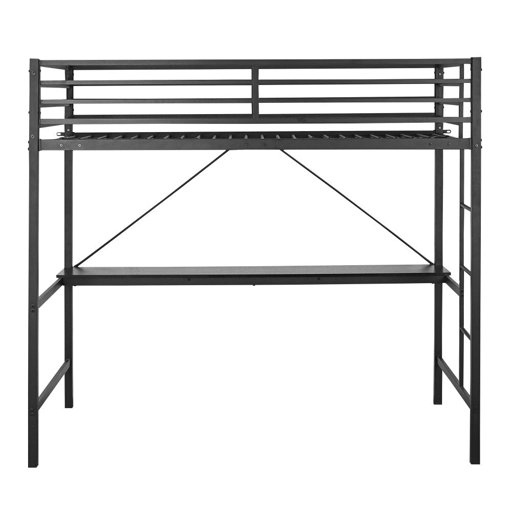 Sturdy Metal Loft Bed Frame with Desk and Safety Rails