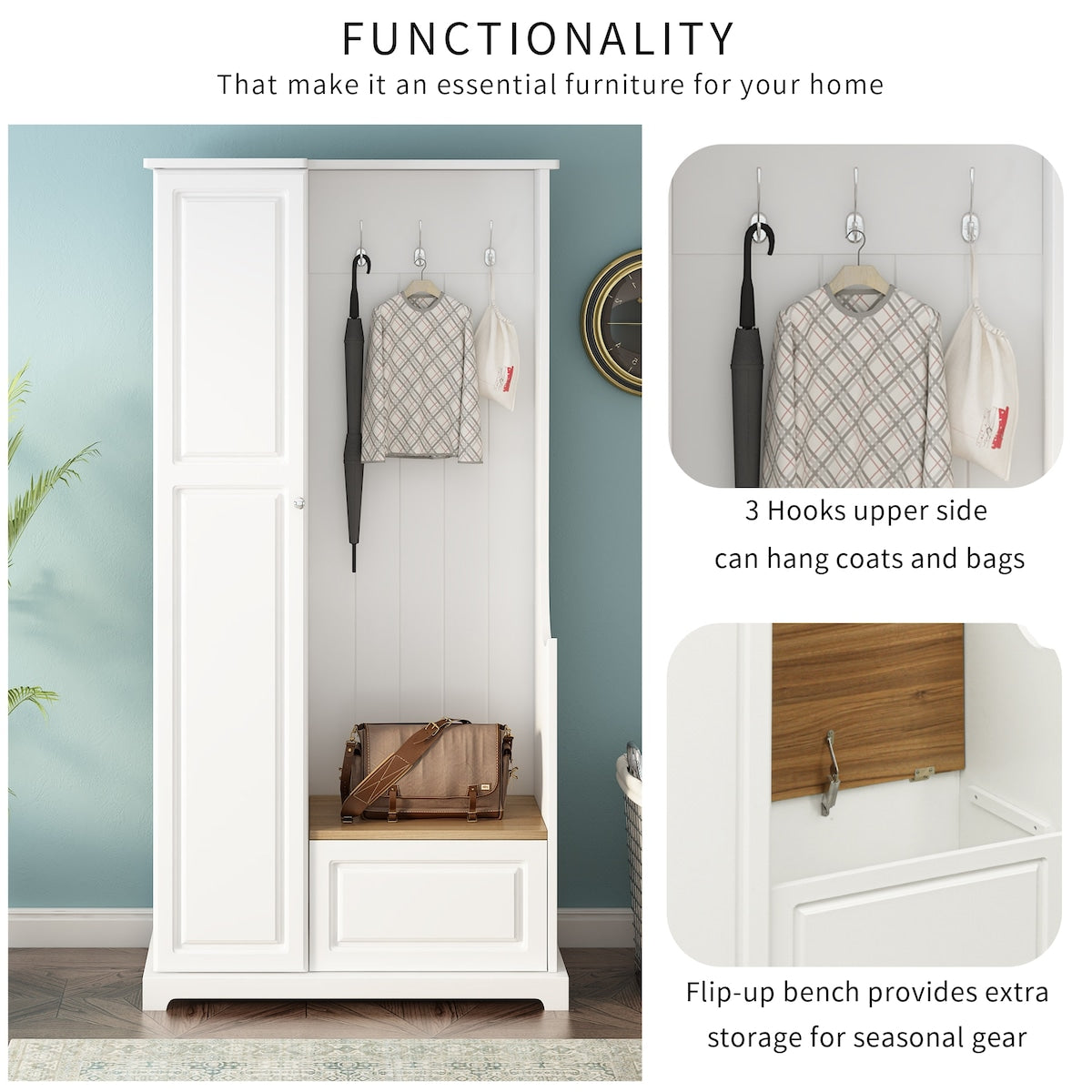 Stylish Design Hall Tree with Flip-Up Bench, Minimalist Hallway Shoe Cabinet with Adjustable Shelves