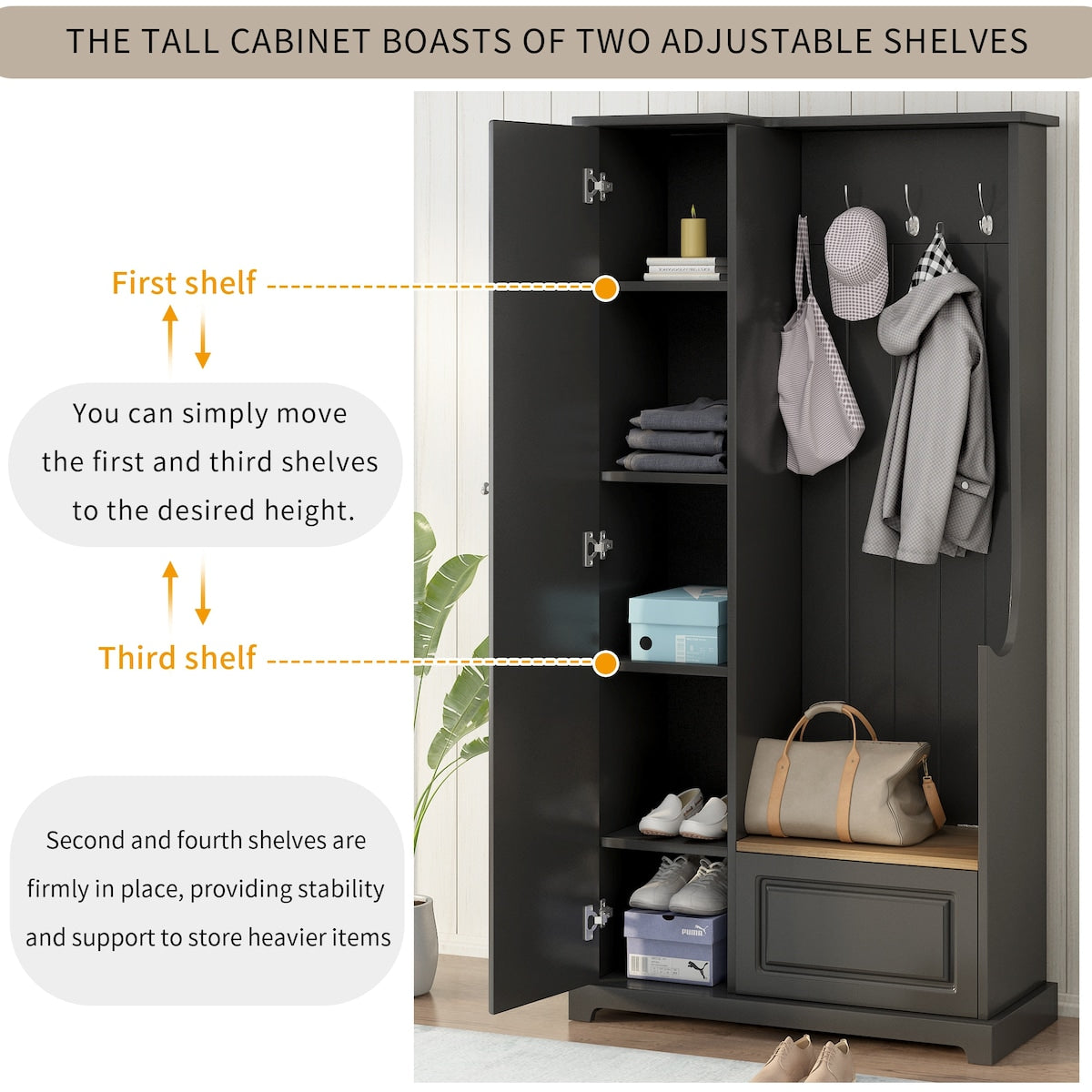 Stylish Design Hall Tree with Flip-Up Bench, Minimalist Hallway Shoe Cabinet with Adjustable Shelves