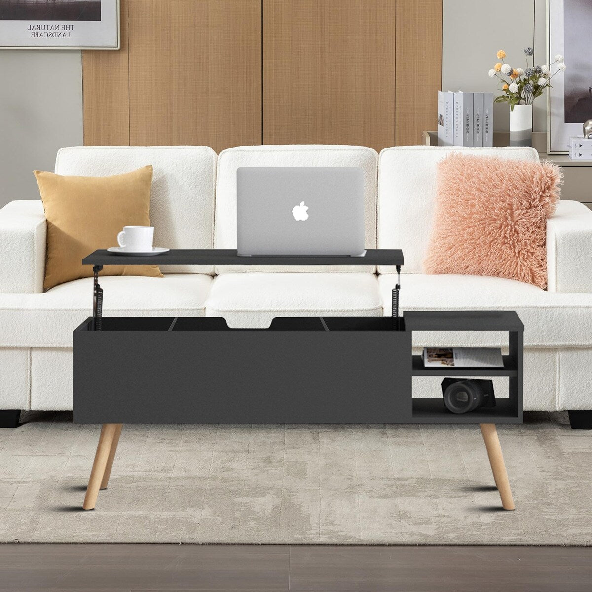 Stylish Minimalist Wooden Rectangular Coffee Table with Lift Table Top