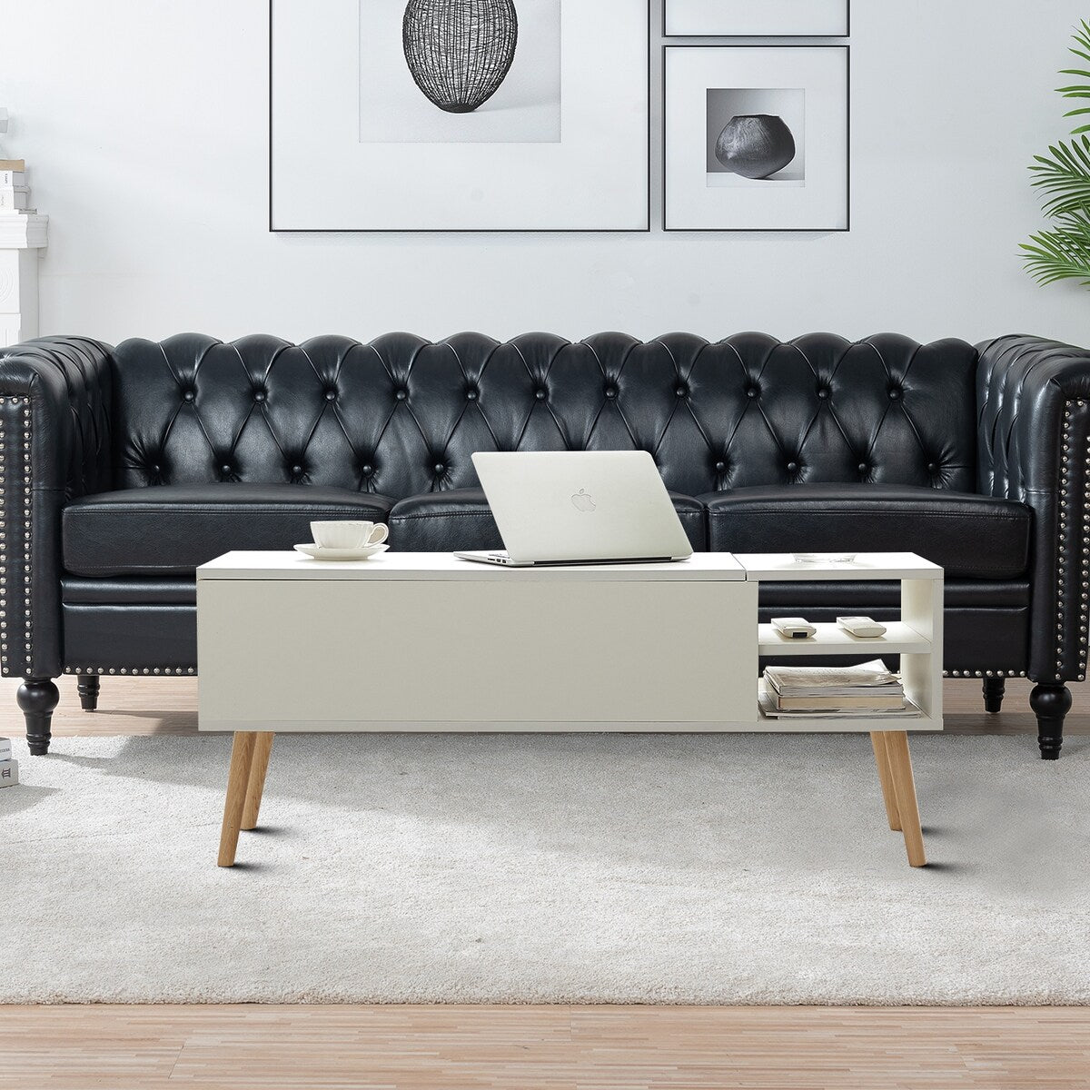 Stylish Minimalist Wooden Rectangular Coffee Table with Lift Table Top
