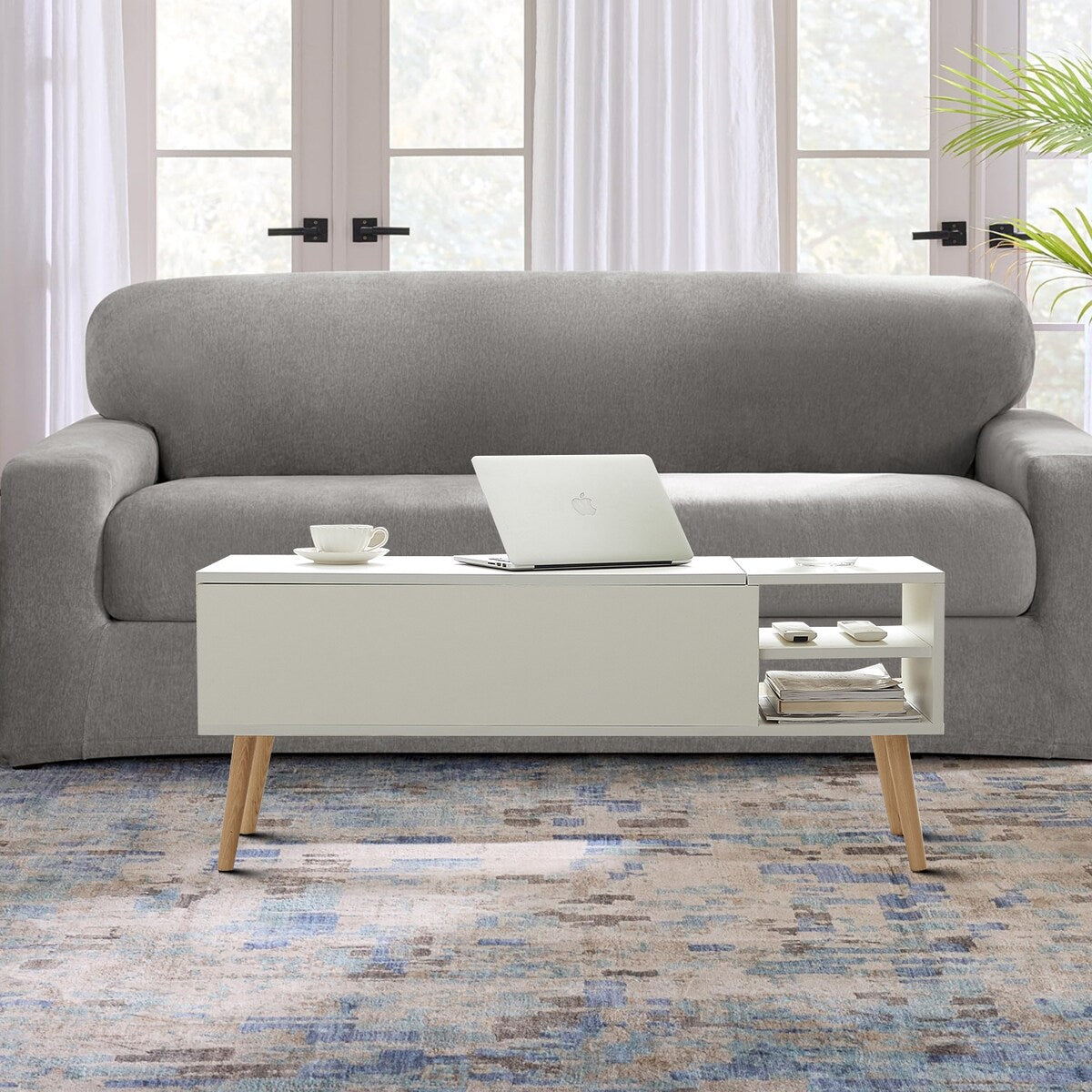 Stylish Minimalist Wooden Rectangular Coffee Table with Lift Table Top