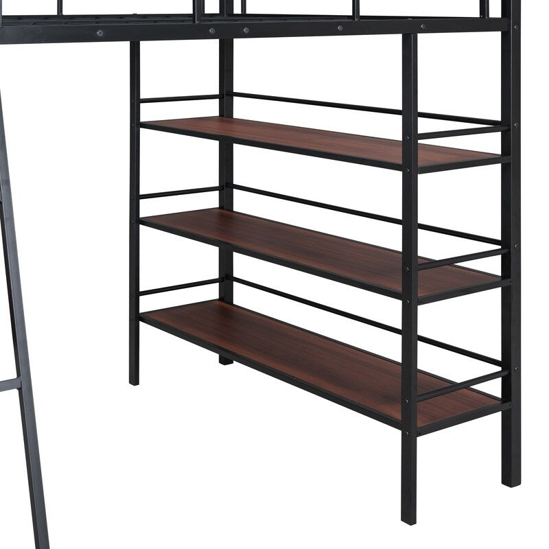 Stylish & Simple Metal Frame Full Size Loft Metal Bed with 3 Layers of Shelves, Whiteboard and Desk, Maximized Space, Black