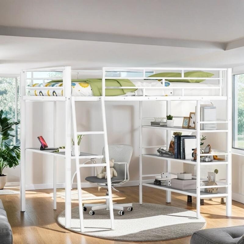 Stylish & Simple Metal Frame Full Size Loft Metal Bed with 3 Layers of Shelves, Whiteboard and Desk, Maximized Space, Black