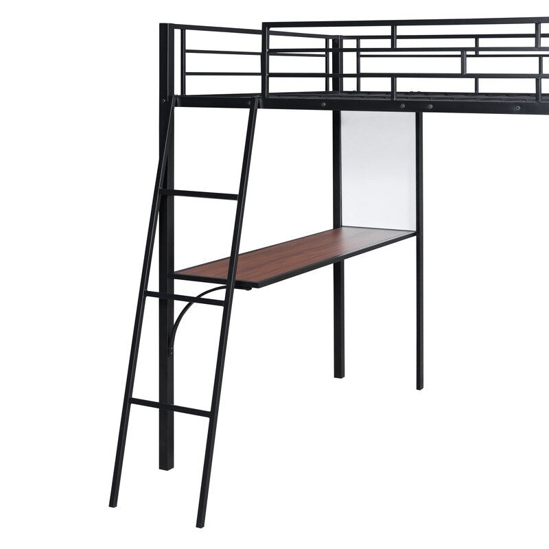 Stylish & Simple Metal Frame Full Size Loft Metal Bed with 3 Layers of Shelves, Whiteboard and Desk, Maximized Space, Black