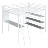 Stylish & Simple Metal Frame Full Size Loft Metal Bed with 3 Layers of Shelves, Whiteboard and Desk, Maximized Space, Black
