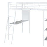 Stylish & Simple Metal Frame Full Size Loft Metal Bed with 3 Layers of Shelves, Whiteboard and Desk, Maximized Space, Black