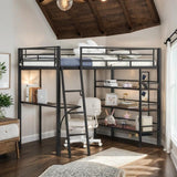 Stylish & Simple Metal Frame Full Size Loft Metal Bed with 3 Layers of Shelves, Whiteboard and Desk, Maximized Space, Black