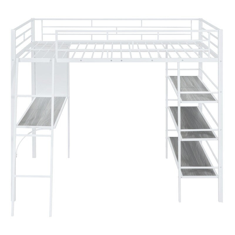 Stylish & Simple Metal Frame Full Size Loft Metal Bed with 3 Layers of Shelves, Whiteboard and Desk, Maximized Space, Black