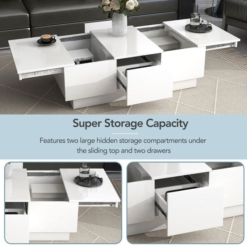 Stylish multi-functional coffee table, 2 large hidden lockers, retractable cocktail table