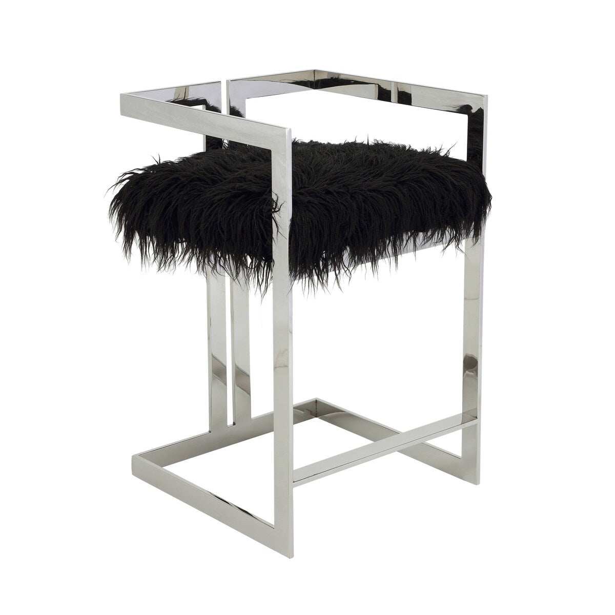 Suki 26 Inch Counter Stool Chair, Black Faux Fur, Silver Stainless Steel