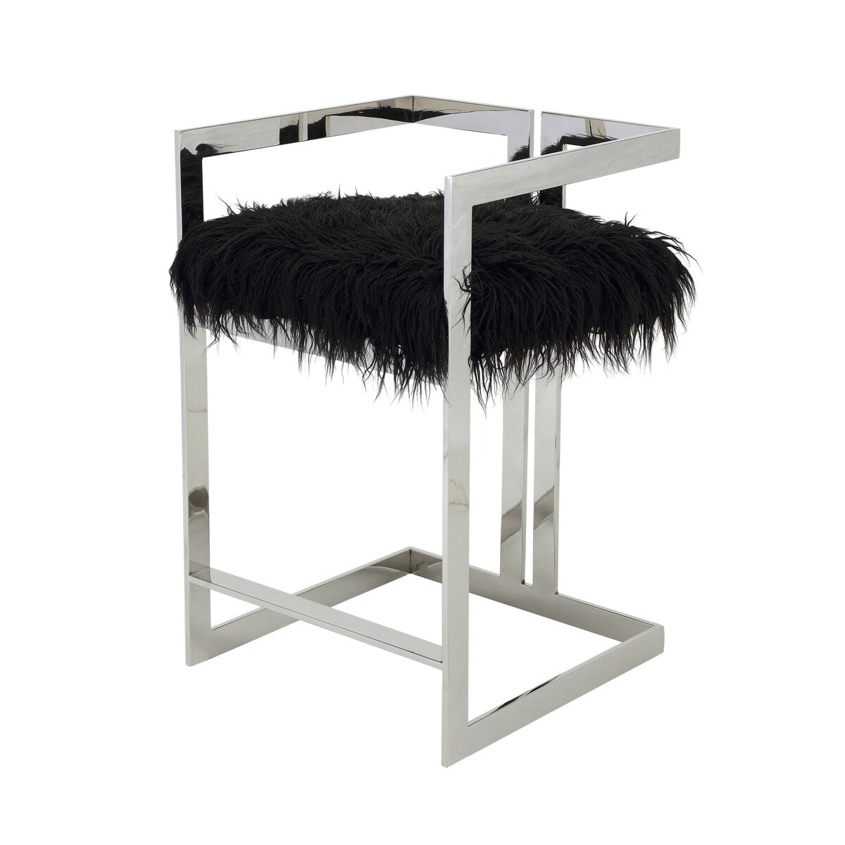 Suki 26 Inch Counter Stool Chair, Black Faux Fur, Silver Stainless Steel