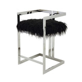 Suki 26 Inch Counter Stool Chair, Black Faux Fur, Silver Stainless Steel