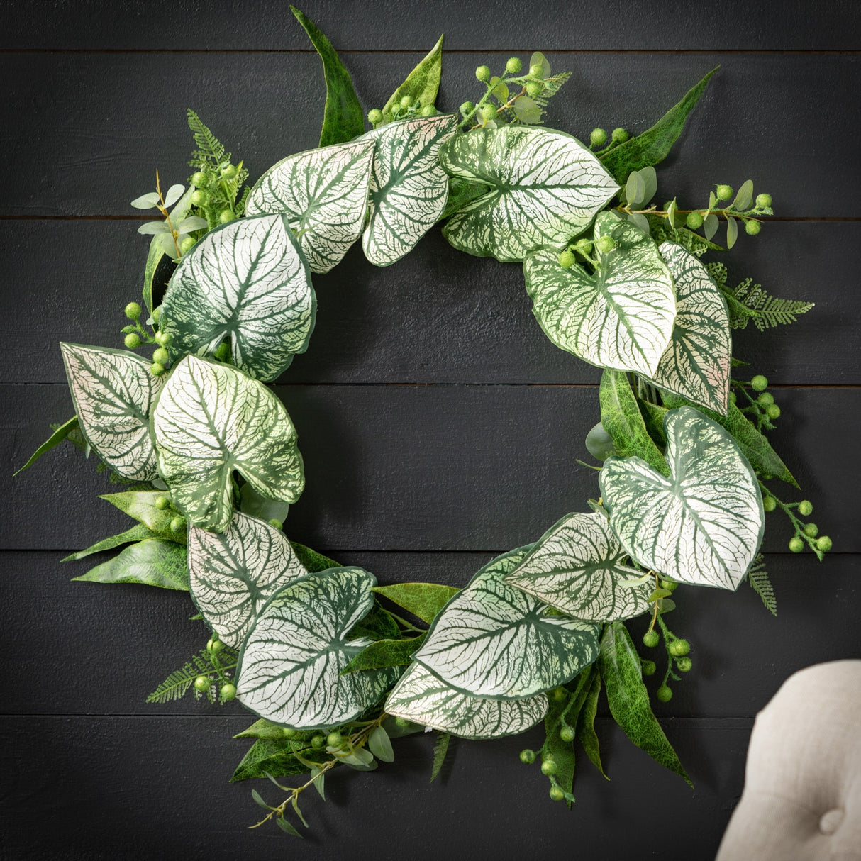 Sullivans Artificial Caladium Eucalyptus Wreath; Green