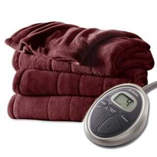Sunbeam Channeled Velvet Plush Electric Heated Blanket Twin Garnet Red