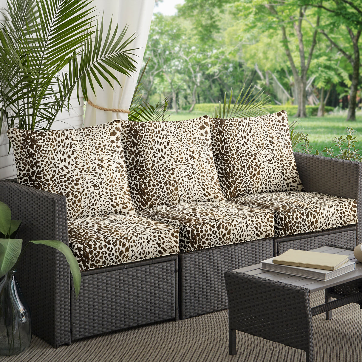 Sunbrella Tan Leopard Indoor/Outdoor Deep Seating Sofa Set, Corded