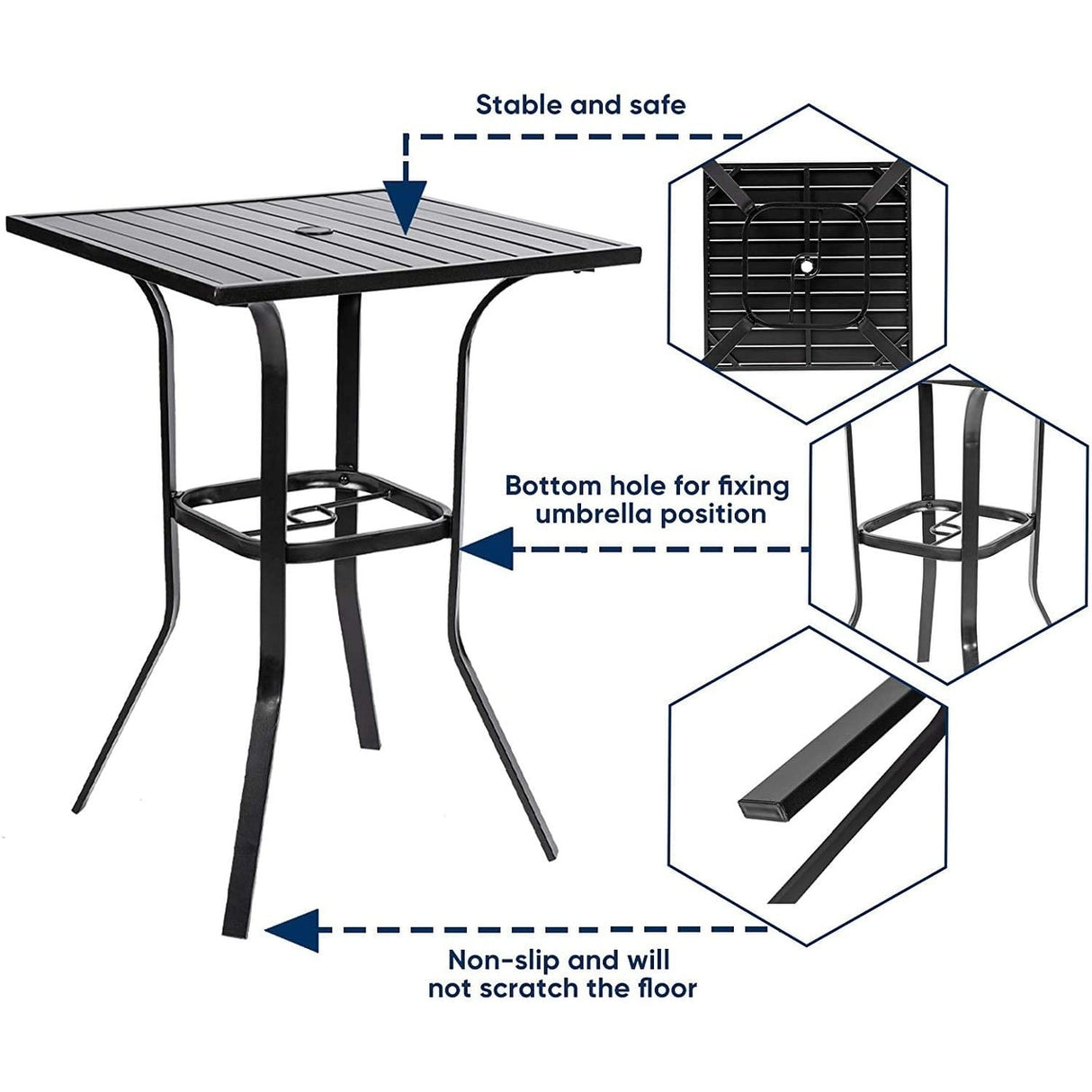 Suncrown 39'' Height Outdoor Patio Square Metal Slatted Top Bar Bistro Table with 1.57" Umbrella Hole