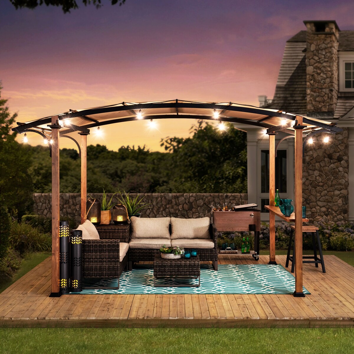 Sunjoy 8.5 ft. x 13 ft. Steel Arched Pergola with Natural Wood Looking Finish and Tan Shade