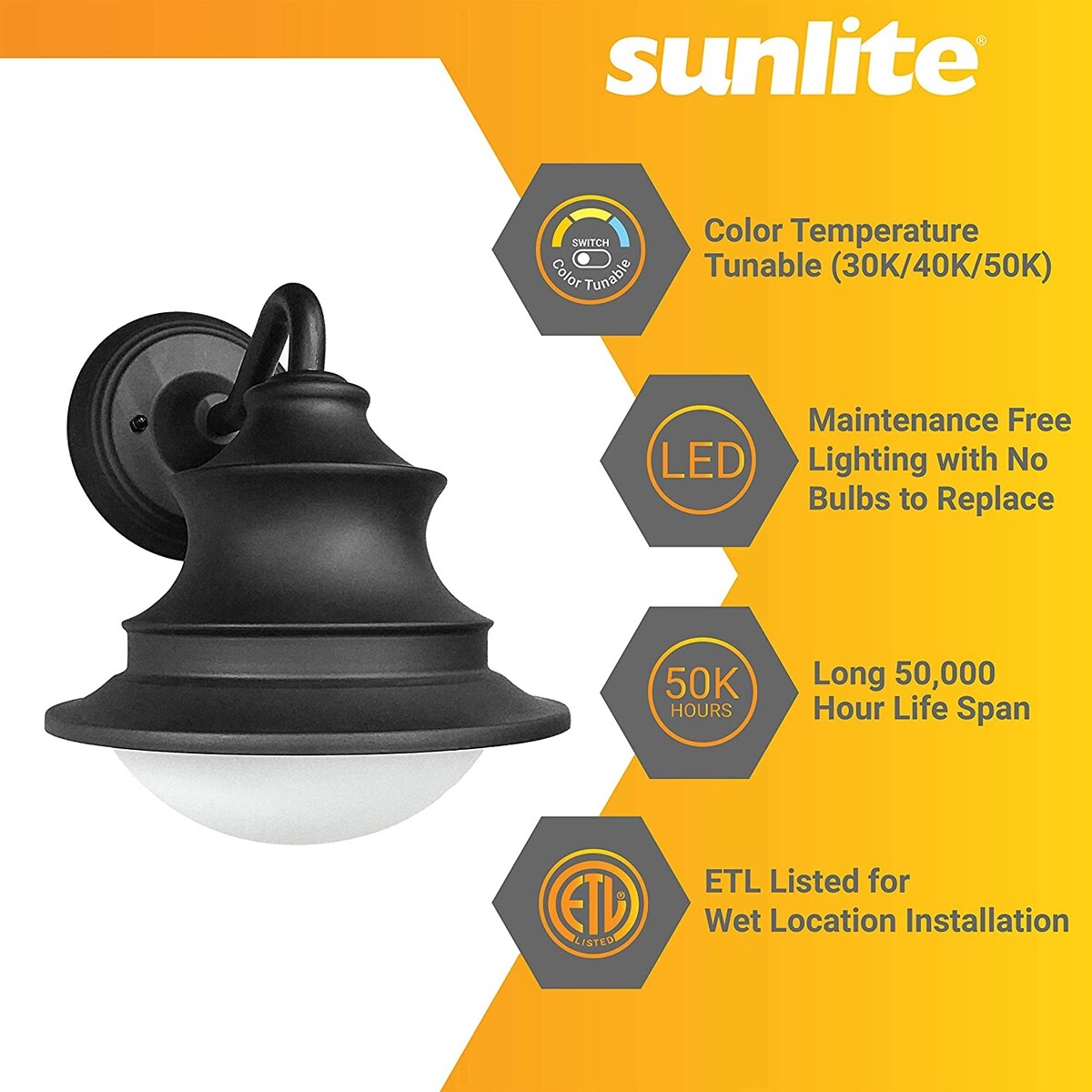 Sunlite Black LED CCT Color Tunable Switch 3000K, 4000K, 5000K Outdoor Barn Light Sconce - 8.7 in